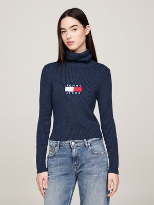 blue roll neck slim jumper with wool for women tommy jeans