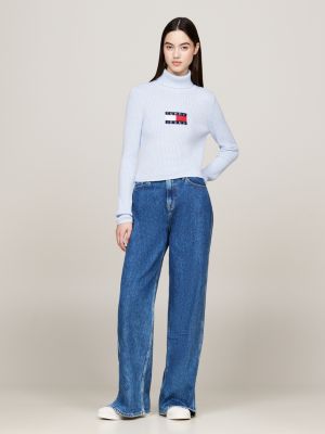 blue roll neck slim jumper with wool for women tommy jeans