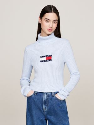 blue roll neck slim jumper with wool for women tommy jeans