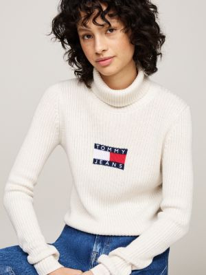 beige roll neck slim jumper with wool for women tommy jeans