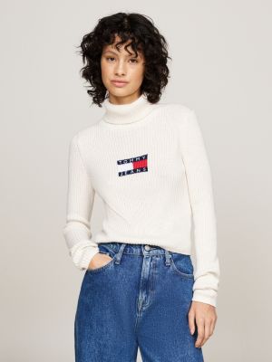 beige roll neck slim jumper with wool for women tommy jeans