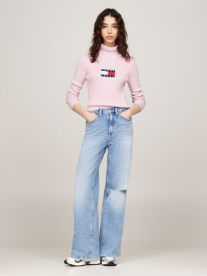 pink roll neck slim jumper with wool for women tommy jeans