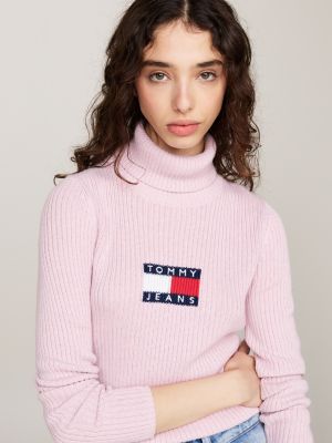 pink roll neck slim jumper with wool for women tommy jeans