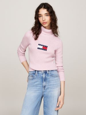 pink roll neck slim jumper with wool for women tommy jeans