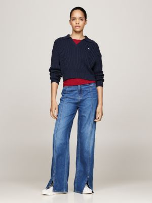 blue rugby collar cable knit boxy jumper for women tommy jeans