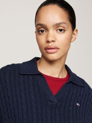 pull boxy en maille torsadée à col rugby bleu pour femmes tommy jeans