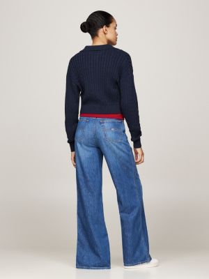 blue rugby collar cable knit boxy jumper for women tommy jeans