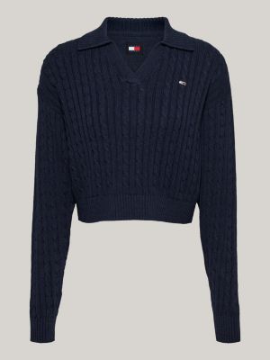 blue rugby collar cable knit boxy jumper for women tommy jeans