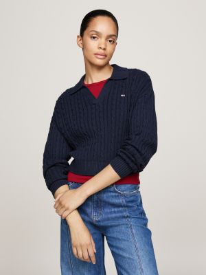 blue rugby collar cable knit boxy jumper for women tommy jeans