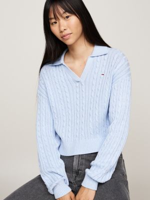 blue rugby collar cable knit boxy jumper for women tommy jeans