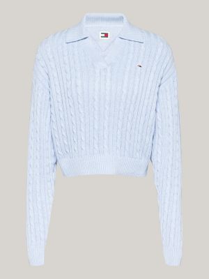 blue rugby collar cable knit boxy jumper for women tommy jeans