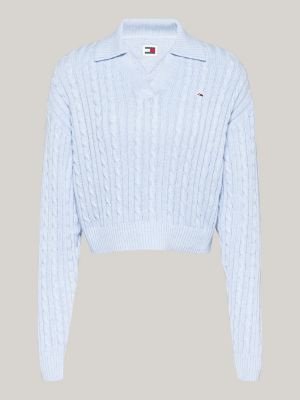 blue rugby collar cable knit boxy jumper for women tommy jeans