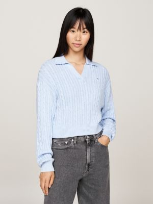 blue rugby collar cable knit boxy jumper for women tommy jeans