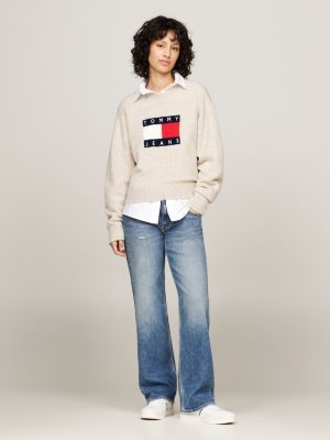 pullover relaxed fit mélange con lana beige da donne tommy jeans