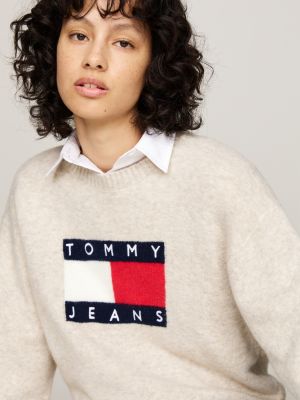 pullover relaxed fit mélange con lana beige da donne tommy jeans