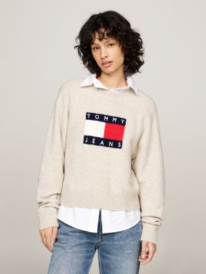 pullover relaxed fit mélange con lana beige da donne tommy jeans