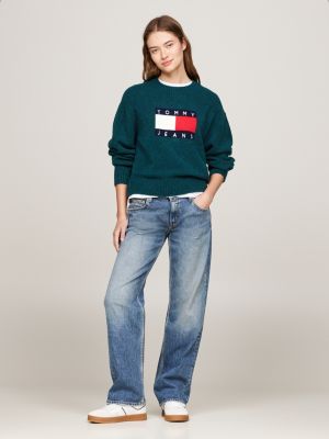 pullover relaxed fit mélange con lana verde da donne tommy jeans