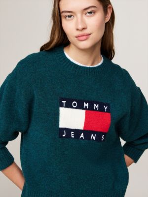 green mélange relaxed jumper with wool for women tommy jeans