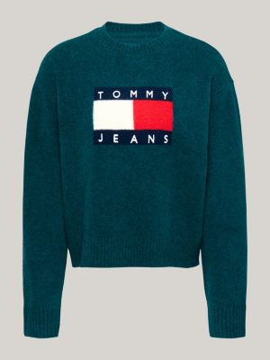 pullover relaxed fit mélange con lana verde da donne tommy jeans