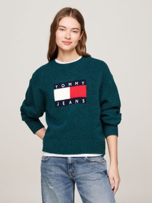 green mélange relaxed jumper with wool for women tommy jeans