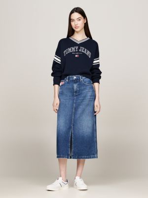 blue varsity v-neck cropped jumper for women tommy jeans