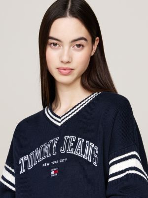 niebieski sweter w stylu varsity z dekoltem w szpic dla kobiety - tommy jeans