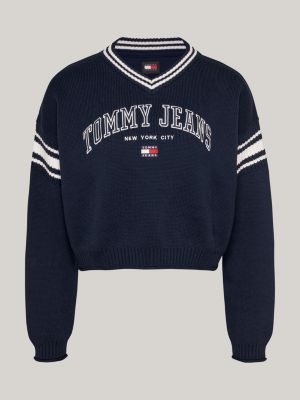 blue varsity v-neck cropped jumper for women tommy jeans