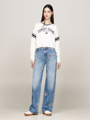 grey varsity v-neck cropped jumper for women tommy jeans