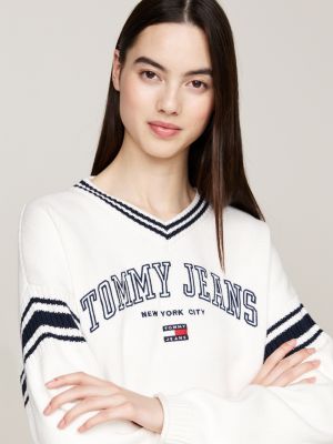 grey varsity v-neck cropped jumper for women tommy jeans