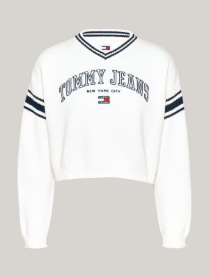 grey varsity v-neck cropped jumper for women tommy jeans