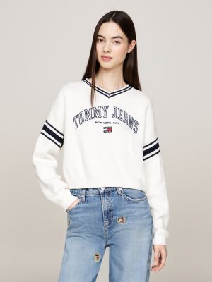 grey varsity v-neck cropped jumper for women tommy jeans