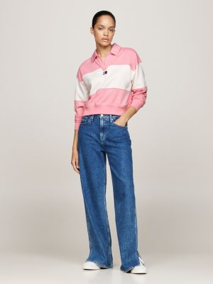 pink collared colour-blocked relaxed sweatshirt for women tommy jeans