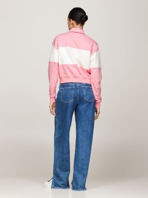 pink collared colour-blocked relaxed sweatshirt for women tommy jeans