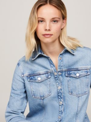 blue classic a-line denim shirt dress for women tommy jeans