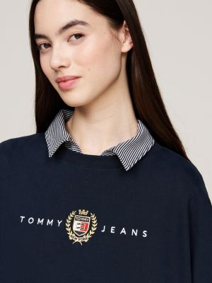 blau sweatshirt-minikleid mit aufgesticktem logo für damen - tommy jeans