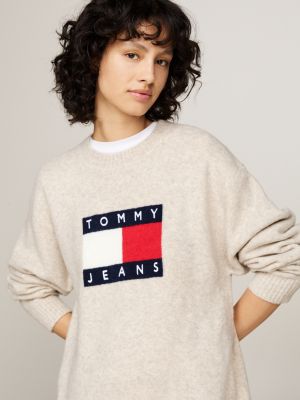 beige relaxed mélange jumper dress with wool for women tommy jeans