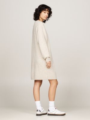 beige relaxed mélange jumper dress with wool for women tommy jeans