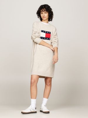 beige relaxed mélange jumper dress with wool for women tommy jeans