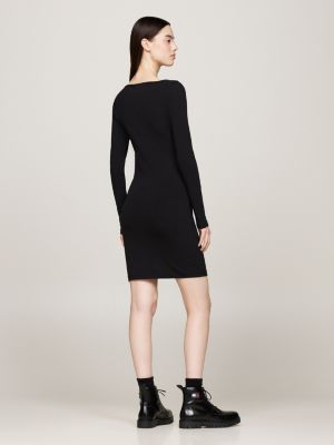 black scoop neck long sleeve bodycon dress for women tommy jeans