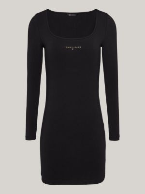 black scoop neck long sleeve bodycon dress for women tommy jeans