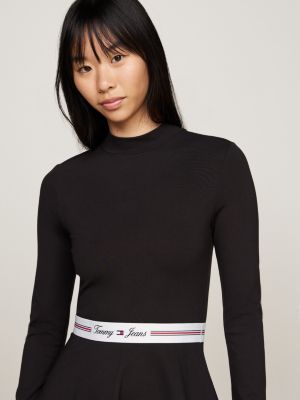 zwart fit and flare mini-jurk met opstaande hals voor dames - tommy jeans