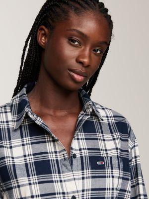 blue check relaxed belted shirt dress for women tommy jeans