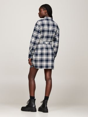 blue check relaxed belted shirt dress for women tommy jeans