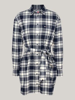 blue check relaxed belted shirt dress for women tommy jeans