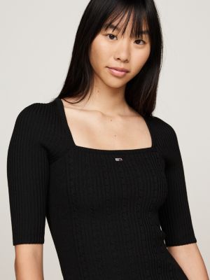black cable knit square neck jumper dress for women tommy jeans