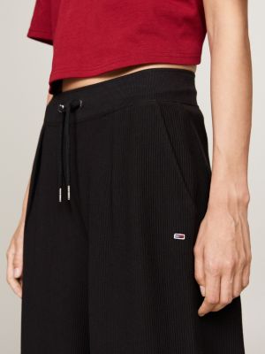 black ribbed ottoman pleated wide leg joggers for women tommy jeans