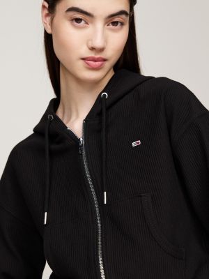 black ribbed ottoman cropped zip-thru hoody for women tommy jeans