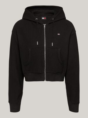 black ribbed ottoman cropped zip-thru hoody for women tommy jeans