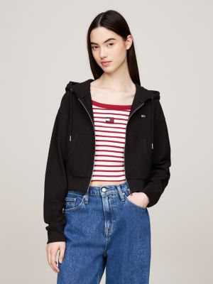 black ribbed ottoman cropped zip-thru hoody for women tommy jeans