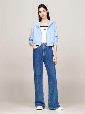 felpa crop a coste con cappuccio e zip blu da donne tommy jeans